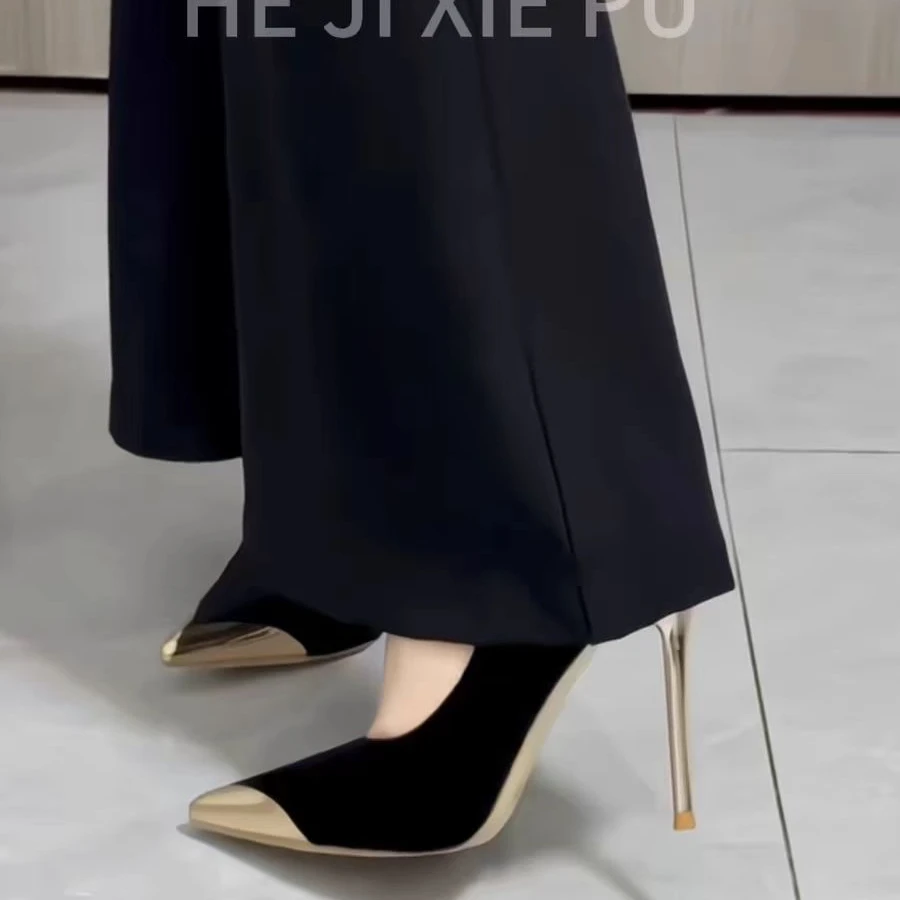 2025春秋御姐风小众细跟高跟鞋女轻奢黑色绒面金属尖头设计高跟鞋