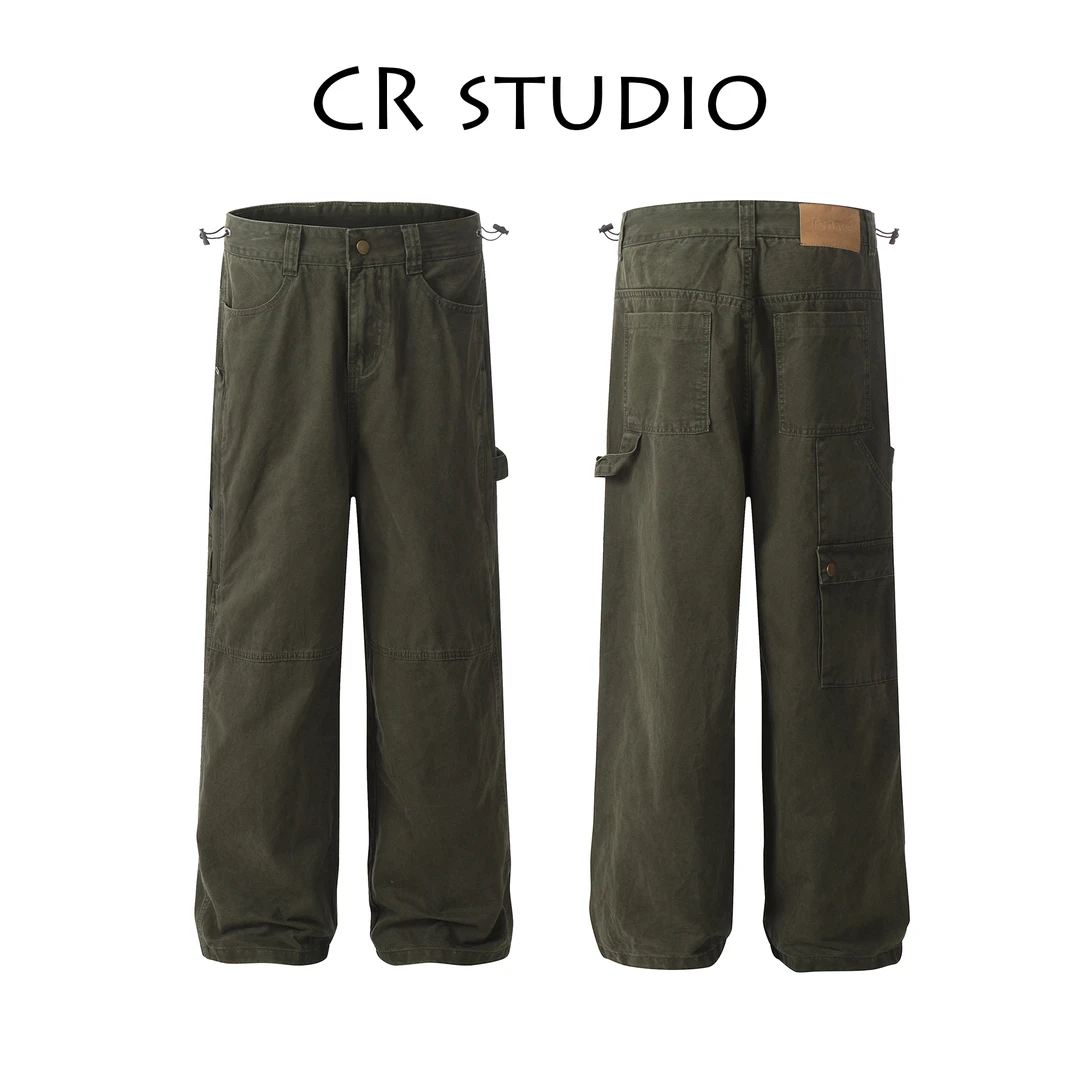 美式复古做旧水洗多口袋宽松直筒工装牛仔裤高街秋冬季设计感6409