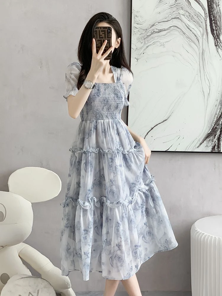 茶里茶气蓝色小碎花连衣裙子女装夏季2024新款收腰长裙超仙森系