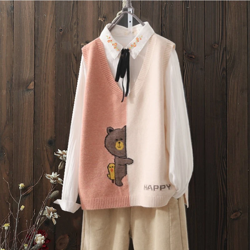 V领针织马甲女2023秋新款宽松套头无袖毛线背心坎肩外穿百搭毛衣