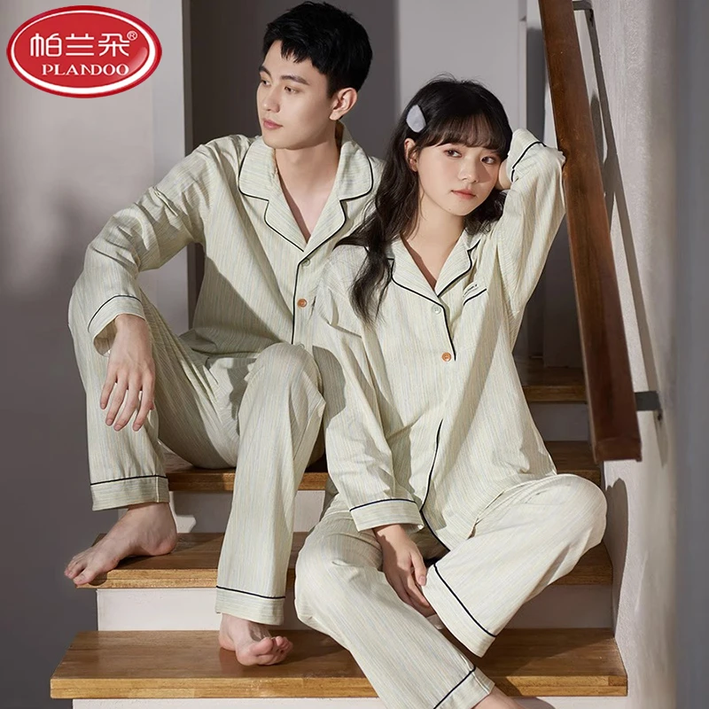 帕兰朵纯棉情侣睡衣女长袖长裤春秋款风男士秋冬季休闲家居服套装