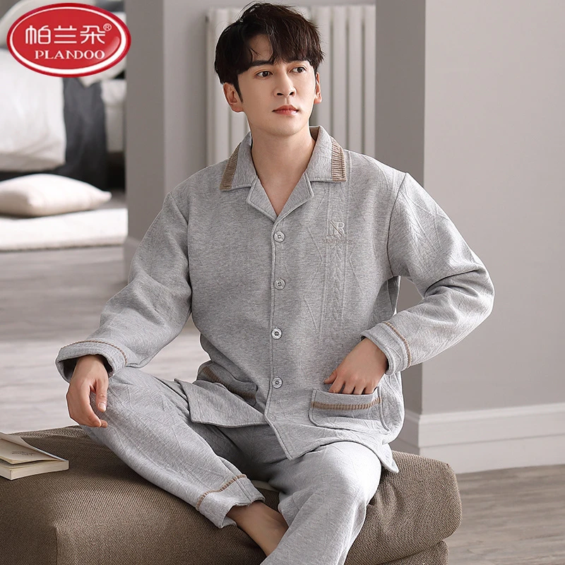 帕兰朵保暖睡衣100%纯棉夹层男士男款长袖秋季冬季加厚空气棉套装