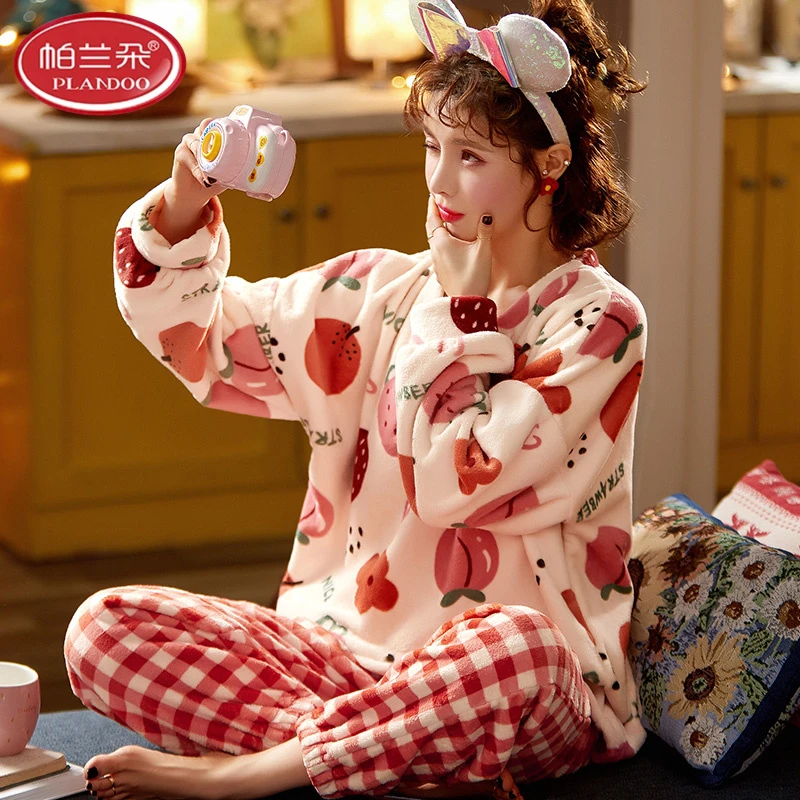 帕兰朵珊瑚绒睡衣女秋冬季加厚2025新款可外穿长袖套头家居服套装