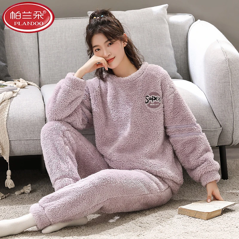 帕兰朵冬季女士珊瑚绒睡衣套装秋冬加厚保暖女款法兰绒家居服圆领