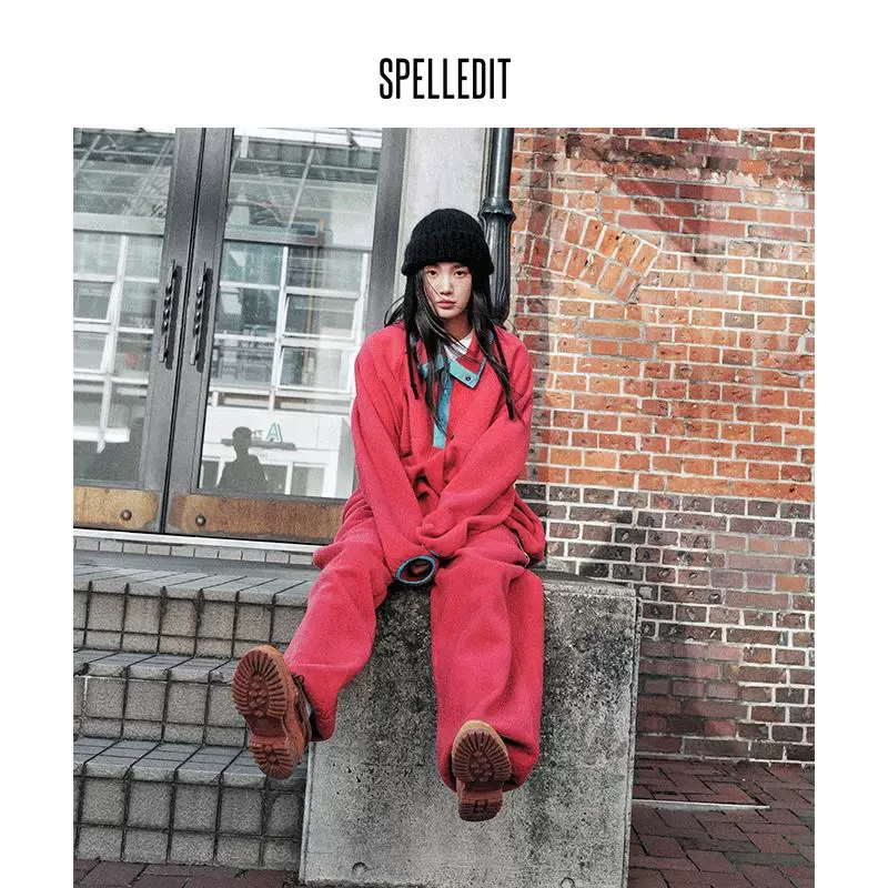 SPELLEDIT冬季新品拼色摇粒绒束脚裤复古休闲裤子宽松小众女