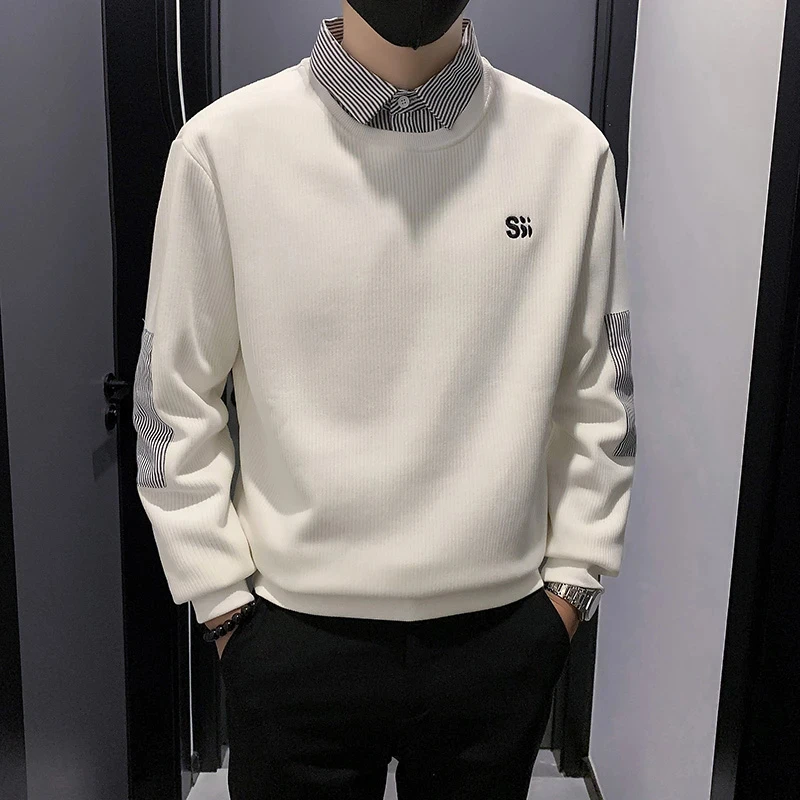 高端假两件卫衣男潮牌春秋上衣2024冬季新款男士衬衫领长袖打底衫