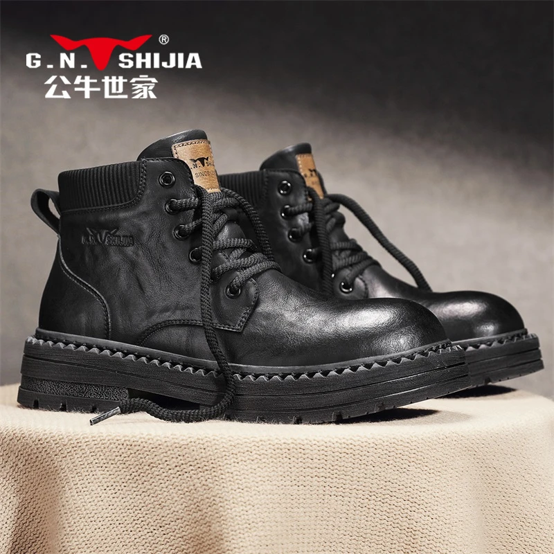 公牛世家2025秋冬英伦风男士马丁靴秋冬高帮工装靴厚底防滑机车靴