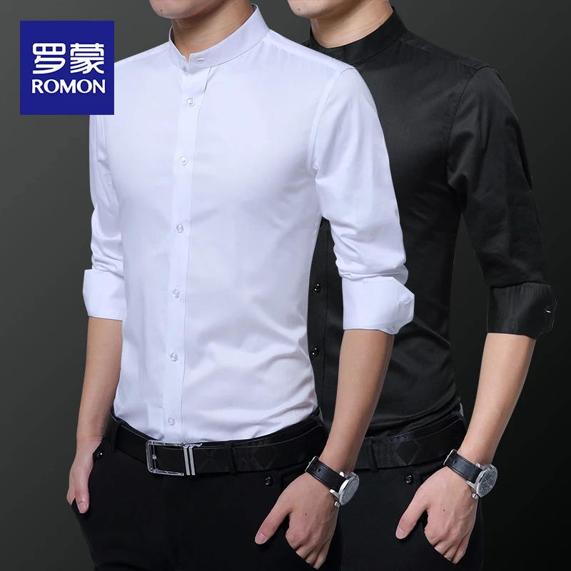 罗蒙白衬衫男士轻奢男装时尚修身职业商务休闲黑色纯色长袖衬衣男