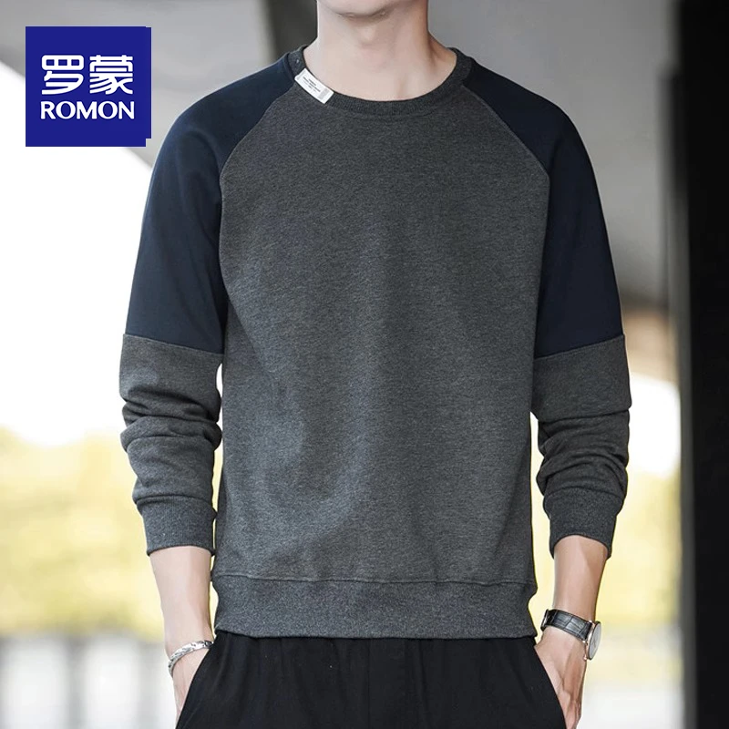 罗蒙男士圆领卫衣春秋季新款宽松休闲拼接长袖T恤男装打底衫上衣