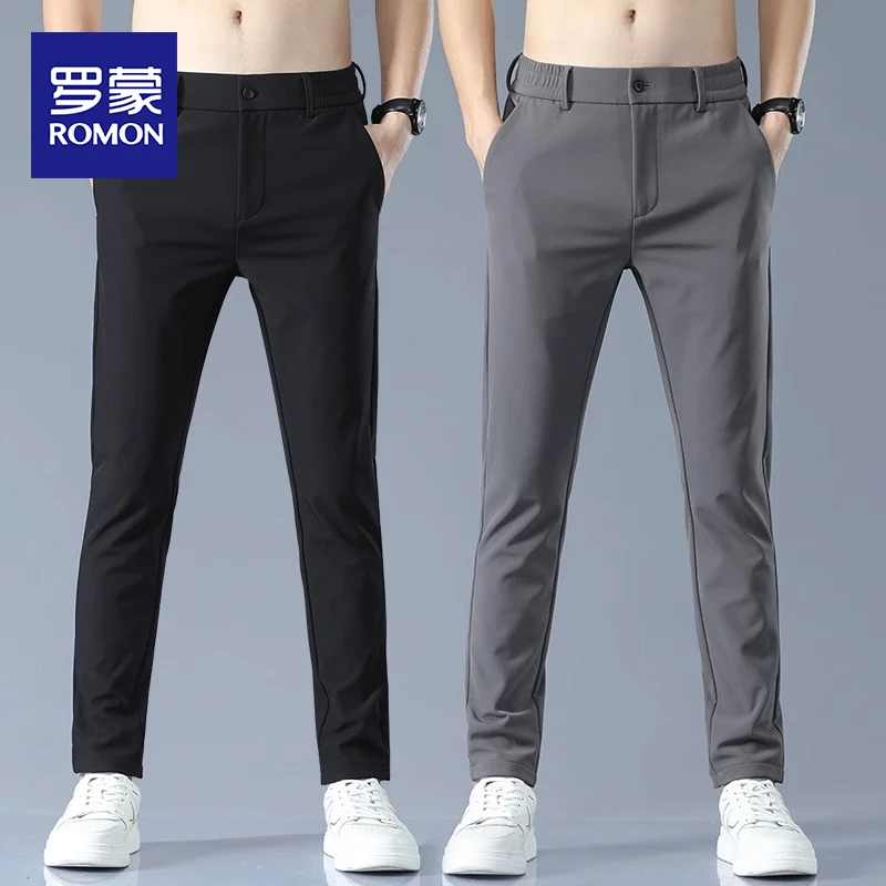 罗蒙夏季薄款休闲裤男士修身直筒裤2025新款冰丝速干弹力长裤子男