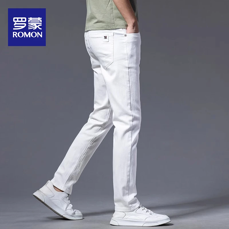 罗蒙爆款白色牛仔裤男士2025新款潮牌修身直筒秋冬季休闲裤子男款