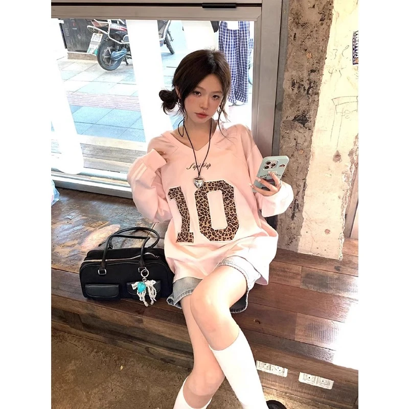 美式豹纹字母粉色V领球衣长袖t恤女春秋季卫衣设计感oversize上衣