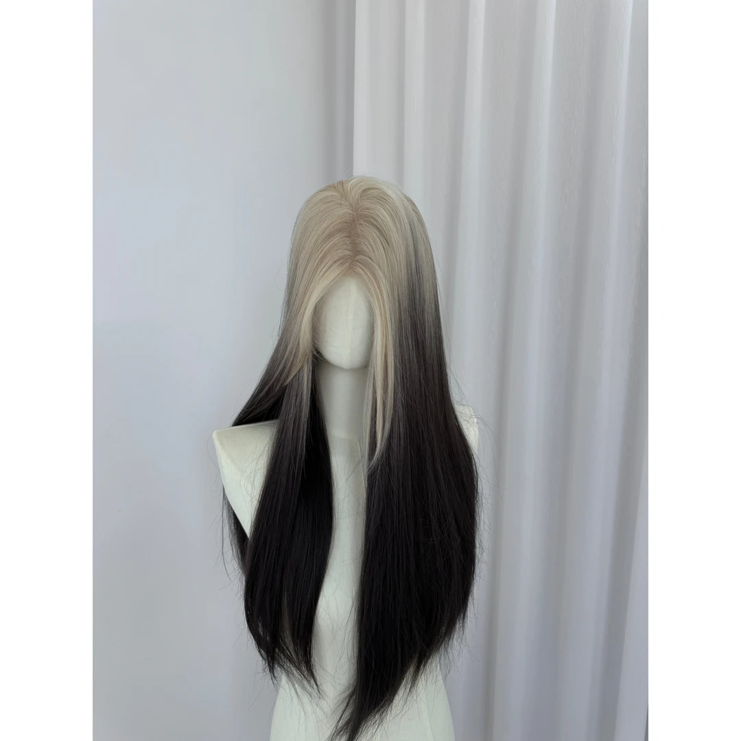 【奥利奥】假发女小额蕾丝中分长直发白金渐变黑爆顶暹罗猫甜酷整顶