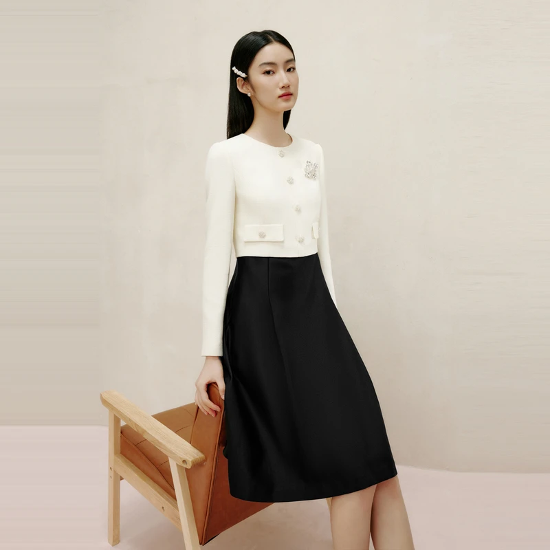 LIME/莱茵【枝蔓花影】春季亲肤柔软法式撞色连衣裙白LDGANBWOP802