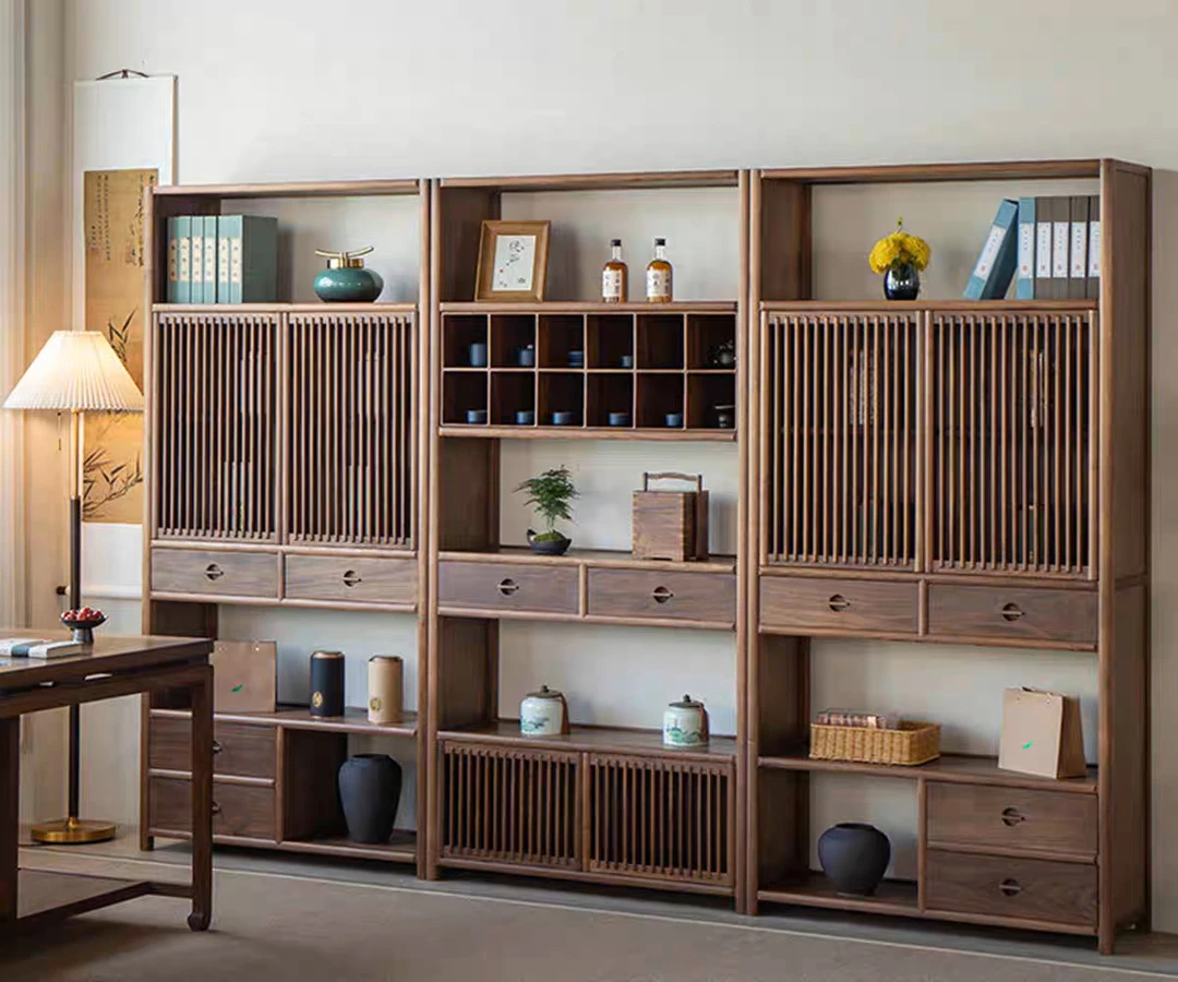 新中式实木博古架黑胡桃书柜多宝阁老榆木展示柜书架茶室置物架