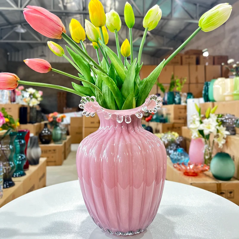 大号中古芬顿花瓶摆件插鲜花高级感轻奢玻璃粉色创意简约琉璃2029