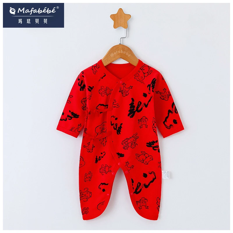mafabebe四季纯棉摁扣蝴蝶爬服哈衣新生婴儿衣服宝宝中国风连体衣