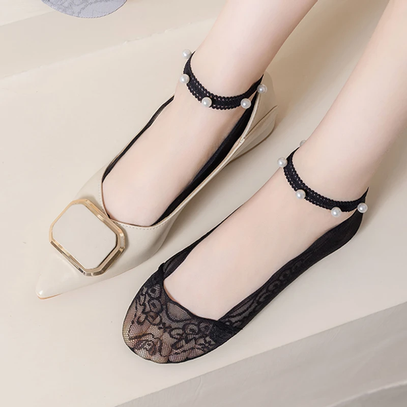 蕾丝船袜女防滑不掉跟夏季薄款女袜吊带珍珠低帮浅口短袜夏天隐形