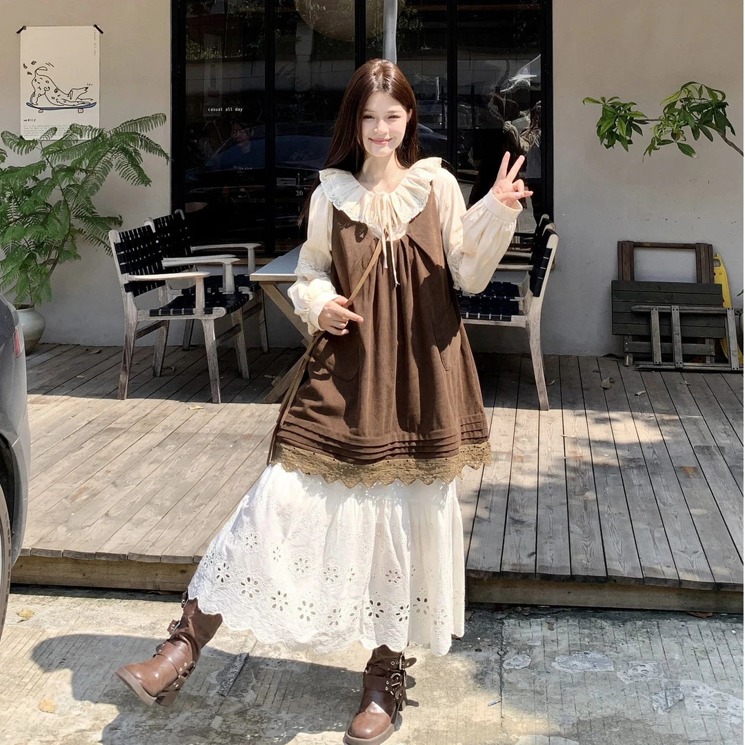 大码韩系chic一整套穿搭时尚套装秋娃娃领衬衫背心裙半身裙三件套
