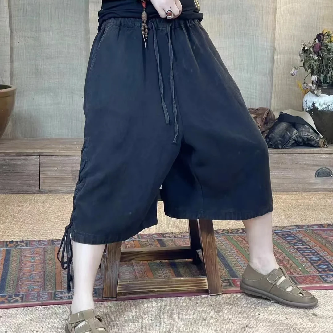 FF 6112 夏季新品黑色百搭女士短裤亚麻 胸围132长65