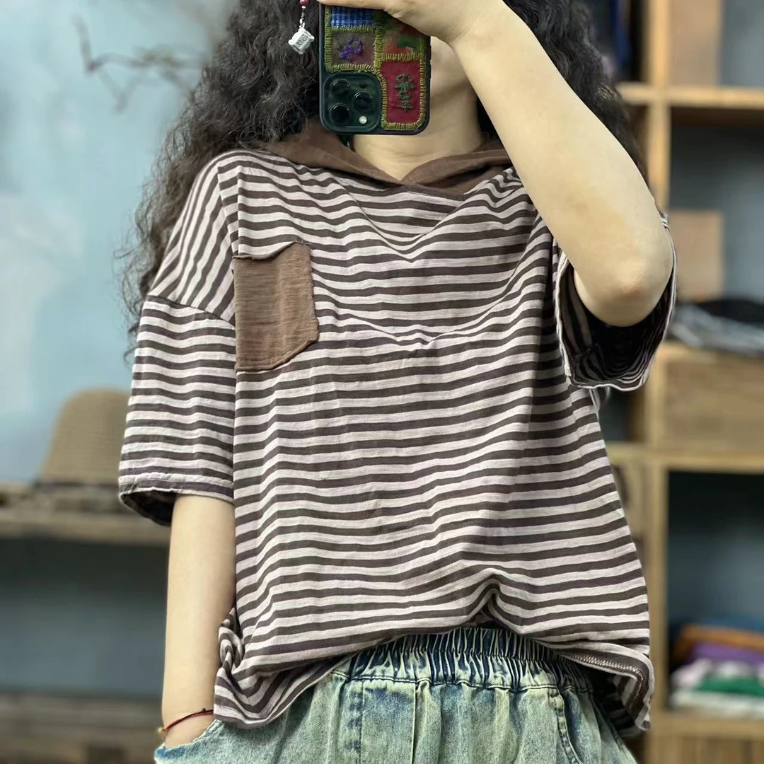 SFG 夏季新品连帽休闲百搭女士条纹T恤 胸围120长56