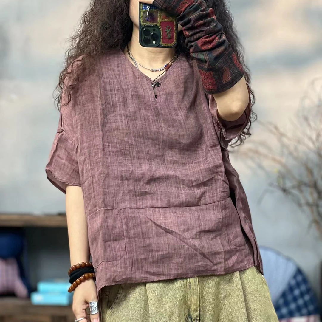 34 24085 夏季新品V领百搭文艺风女士上衣 胸围130长60