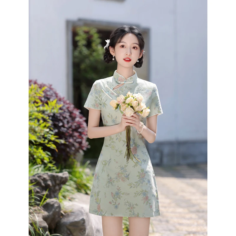 小个子中国风旗袍夏季少女短款中式修身显瘦日常气质连衣裙-云裳
