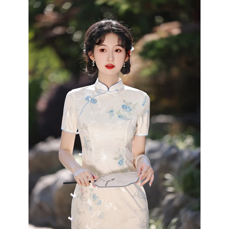 夏季中长款气质中国风旗袍修身中式日常改良气质优雅旗袍裙-魅彩