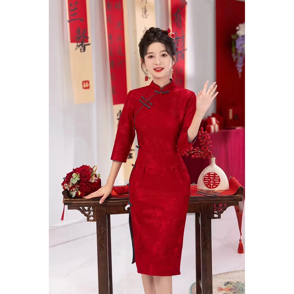 秋季中长款酒红色中式旗袍小个子修身显瘦回门中国风连衣裙-花朝