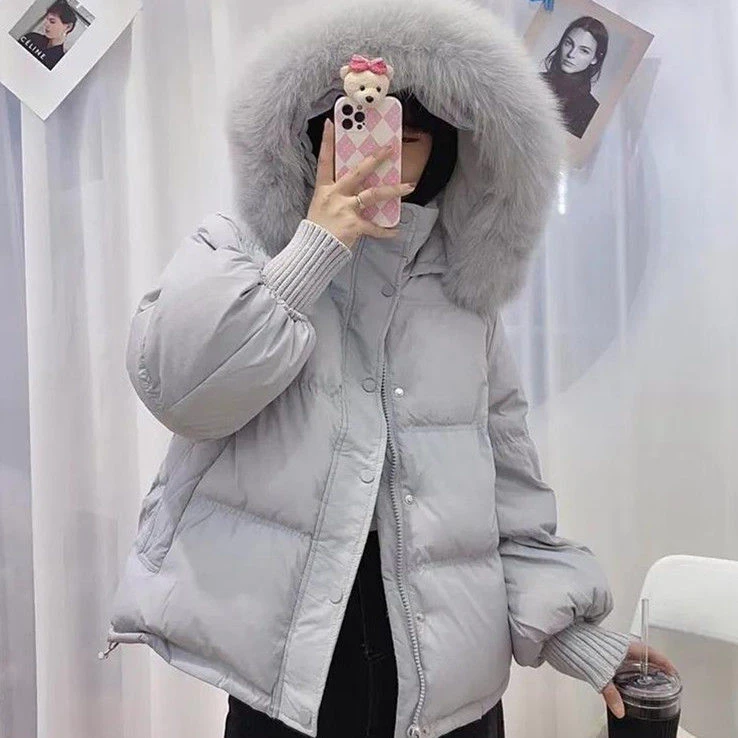 反季2023冬季新款真狐狸毛领羽绒服女短款韩版加厚宽松白鸭绒洋气