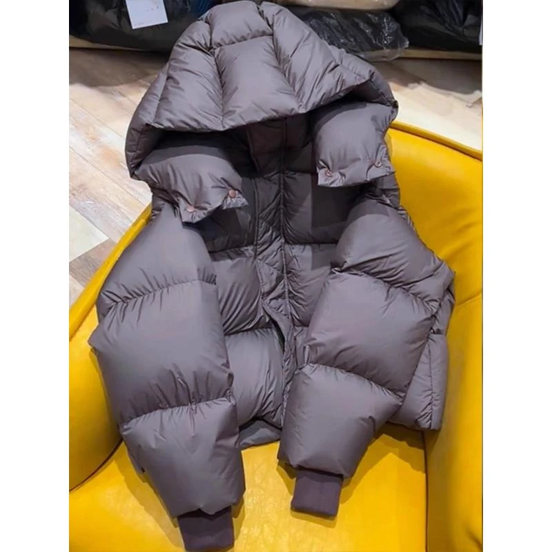 欧洲站面包服外套小个子超好看轻薄短款连帽咖色羽绒服女2023新款