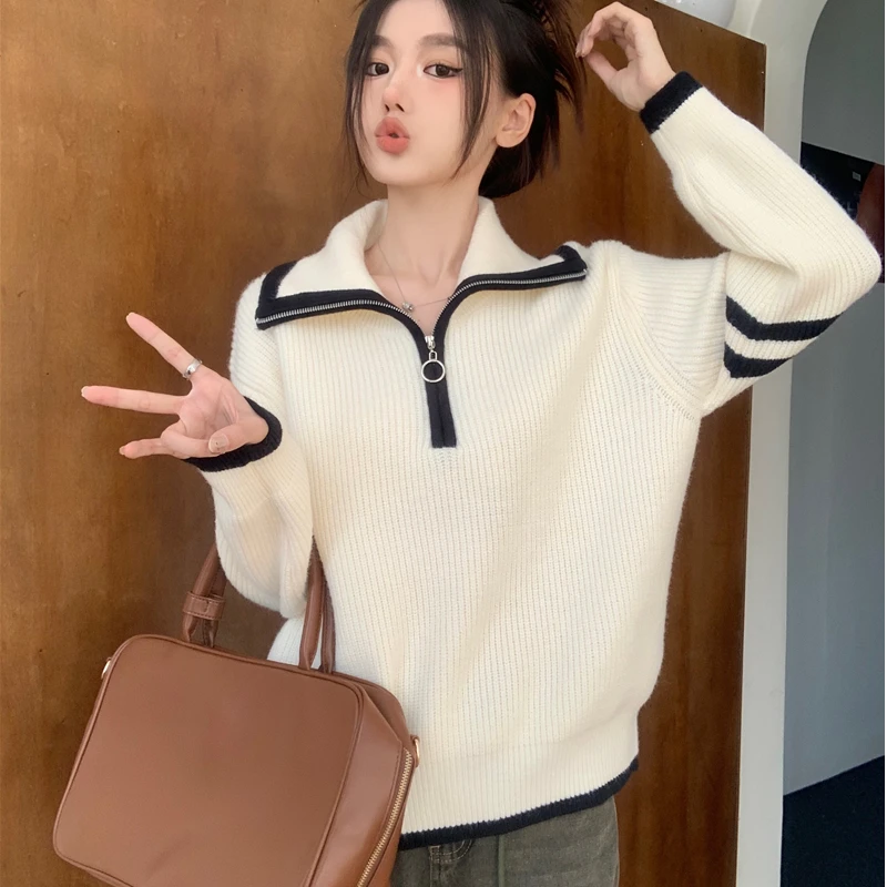 新款慵懒风白色翻领针织胖妹妹毛衣女秋冬宽松显瘦半拉链套头上衣