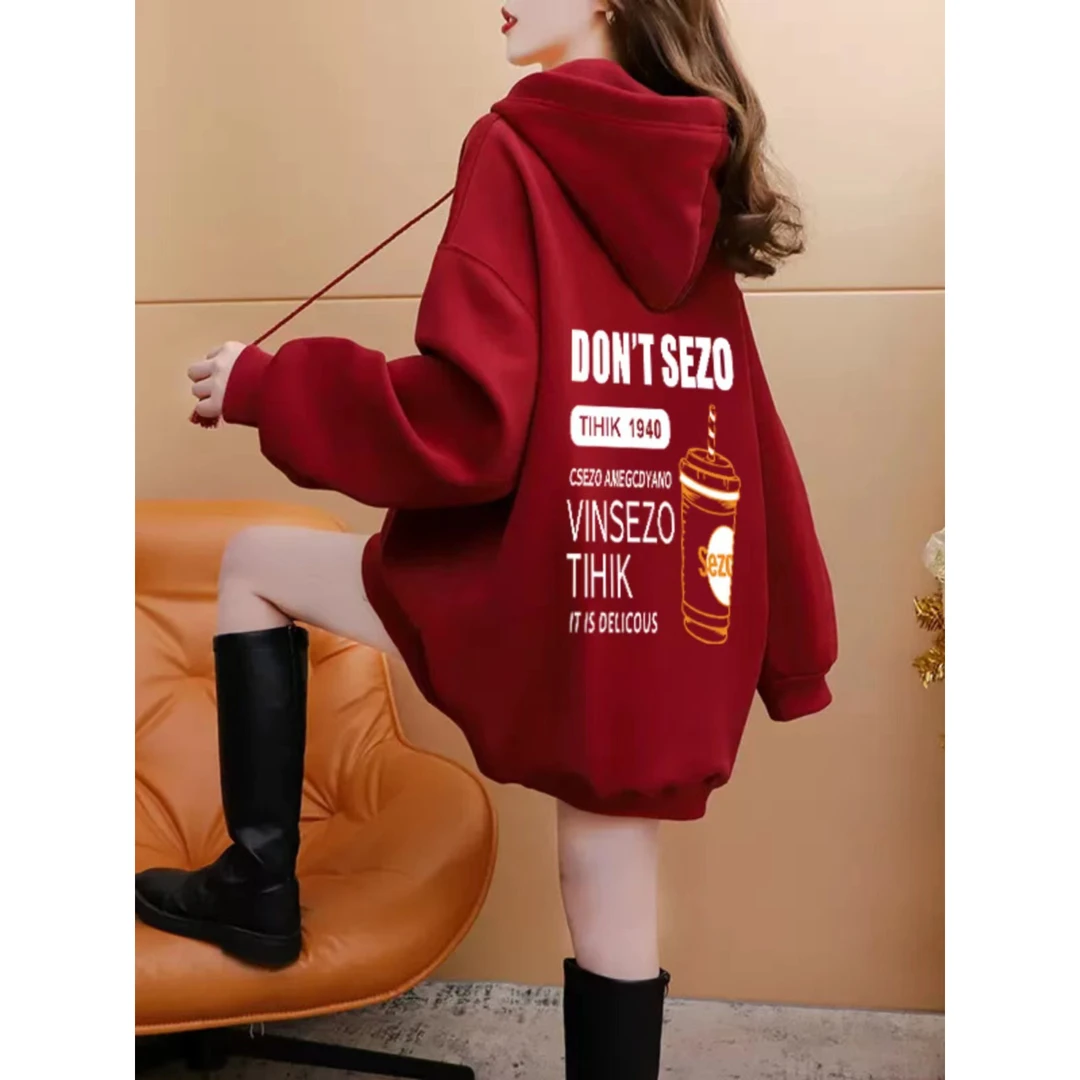 韩版大码女装中长款红色连帽卫衣女秋冬2024新款宽松爆款上衣潮