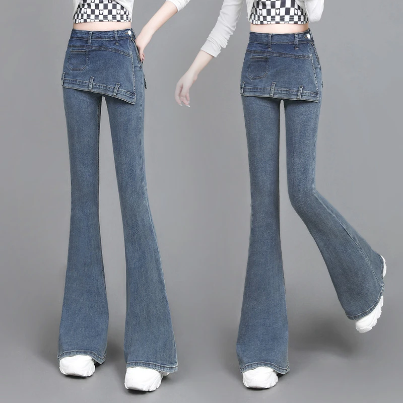 2025新款美式辣妹假两件微喇叭牛仔裤裙女高腰修身显瘦拖到裤秋季