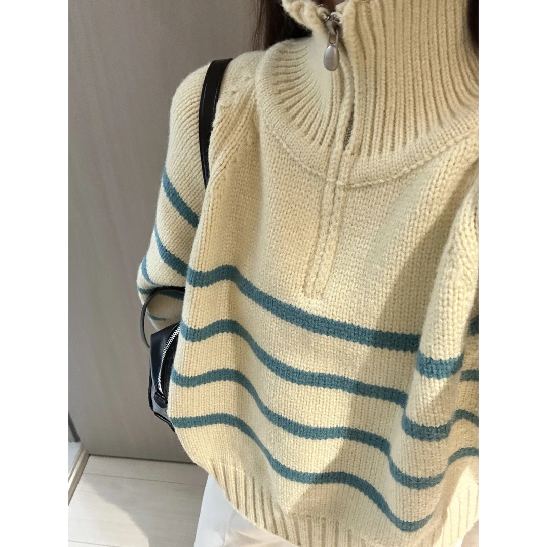 【水滴扣条纹毛衣】立领加厚插肩袖款