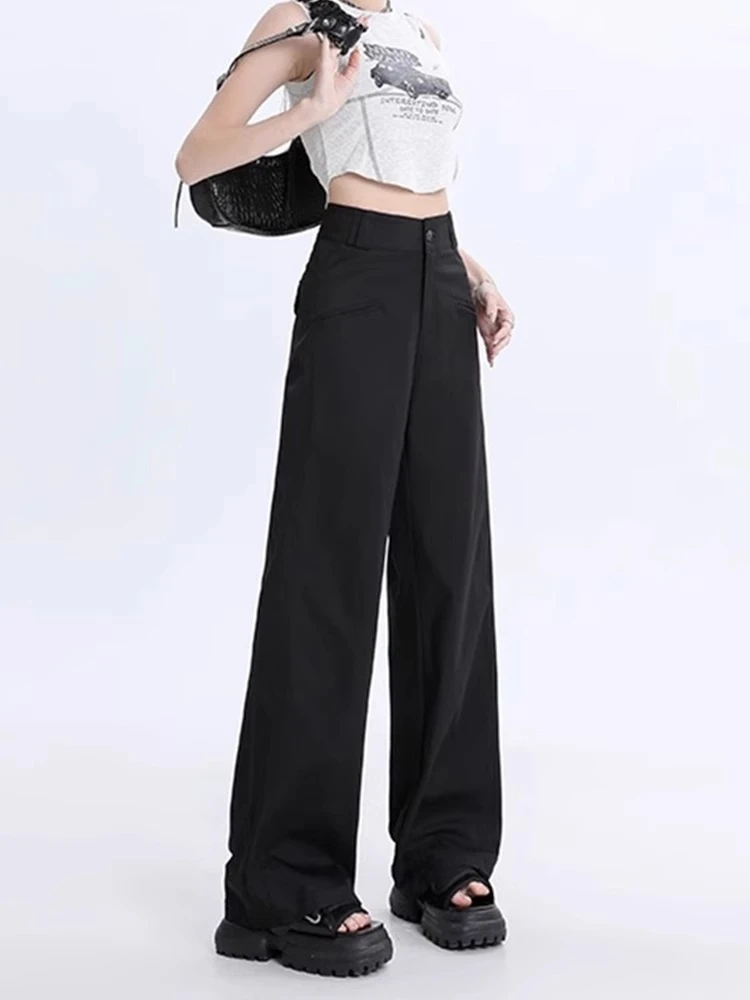 美式复古黑色西装裤女大码胖妹妹高腰显瘦直筒阔腿微辣休闲西装裤