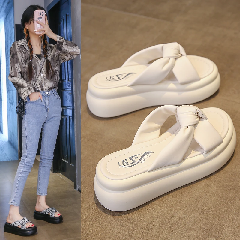 小个子新中式缎面拖鞋女新款踩屎感厚底凉拖女夏外穿时尚松糕鞋