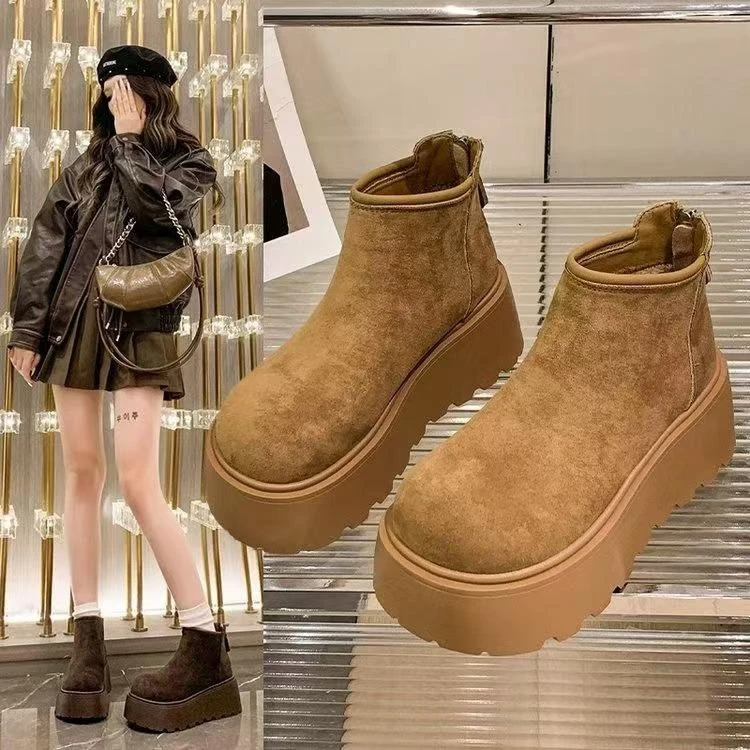 真 7CM 厚底高帮雪地靴 冬季加绒加厚增高后拉链棉鞋