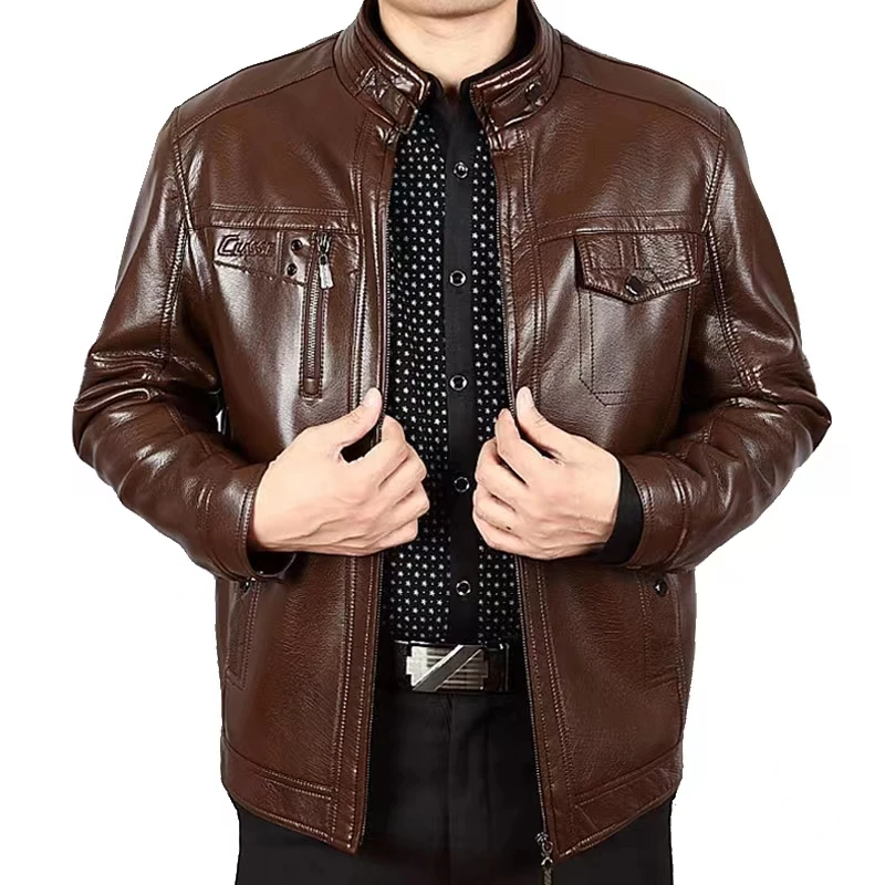 男士秋冬中老年皮衣男爸爸装皮夹克加绒加厚立领PU皮休闲大码外套