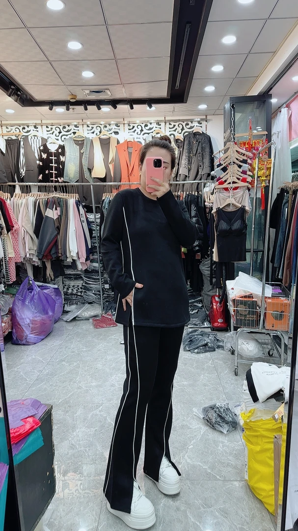 大码侧面条纹开衩上衣，裤套装