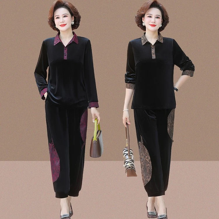 NX202秋季新款大码妈妈翻领拼接丝绒套装中老年女洋气国风两件套