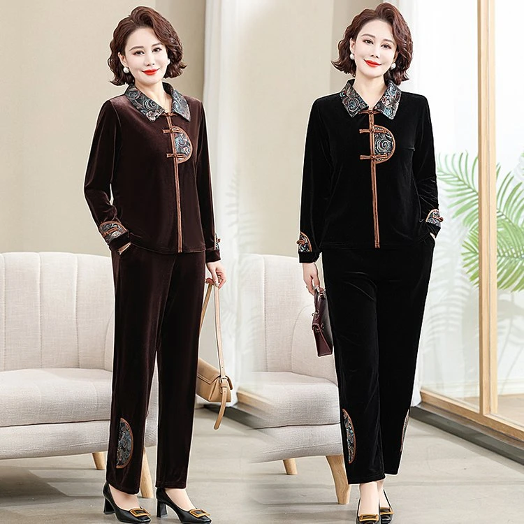 梦嘉远L710春季新款中老年妈妈中式复古金丝绒两件套洋气国风套装