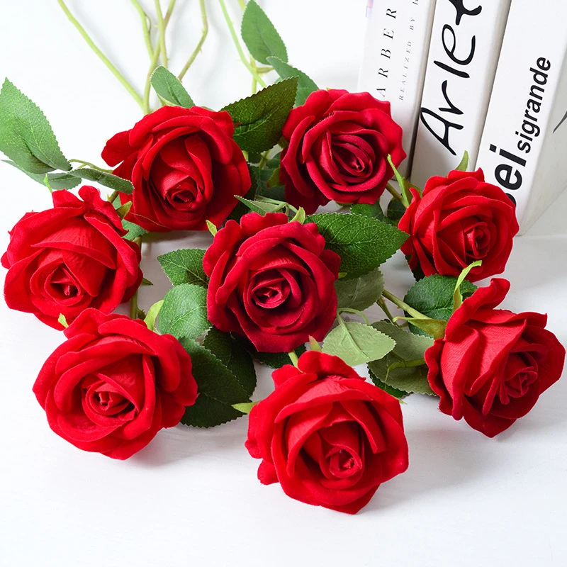 仿真玫瑰花单支手感绒布玫瑰  家居婚庆装饰情人节仿真花假花ROSE