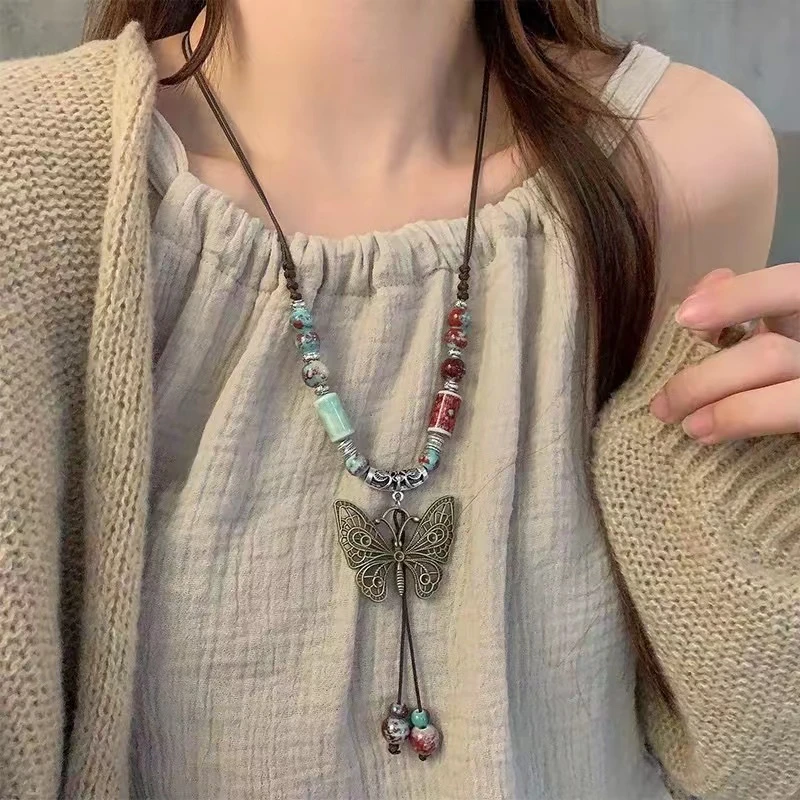 中式民族风蝴蝶项链女设计感小众长款毛衣链编织锁骨链潮百搭手工