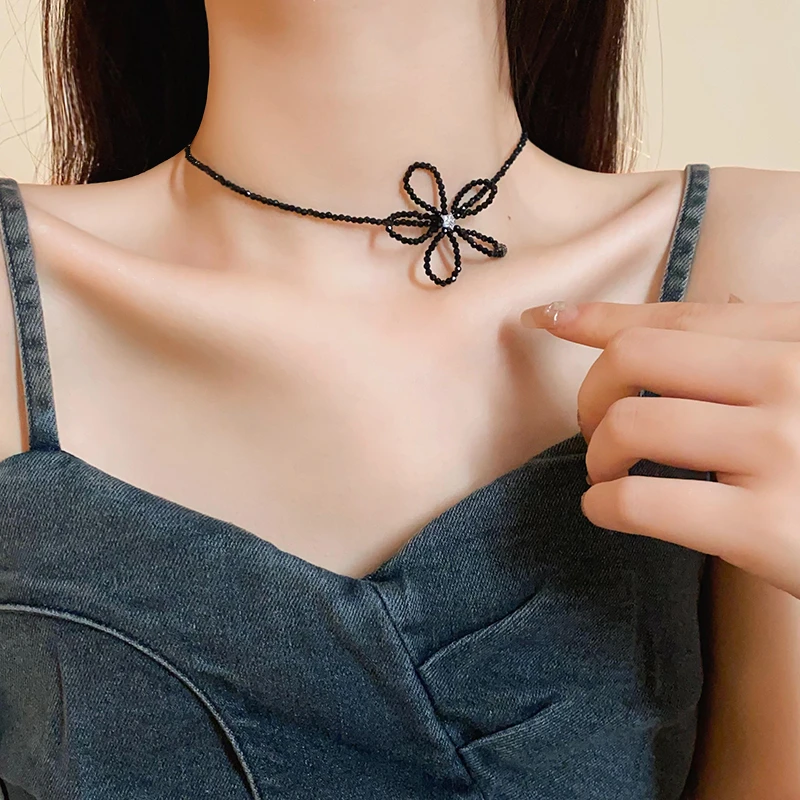 铜合金项链 花朵镂空串珠项链个性创意暗黑风颈链小众百搭项饰女