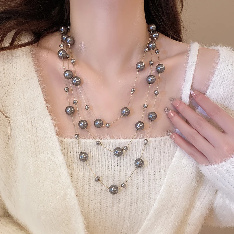 铜合金项链 夸张超长款灰色珠珠多层叠戴项链气质高级时尚项饰女