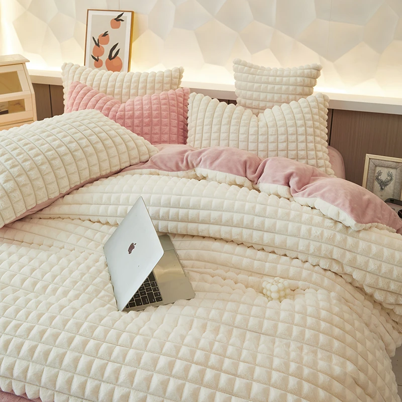 轻奢加绒柔软公主风兔毛绒单人保暖四件套加厚被套床上用品