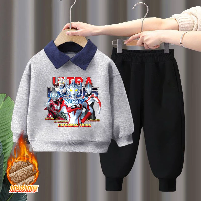 冬季男童奥特曼翻领卫衣套装宝宝POLO衫衣服加绒加厚儿童两件套潮