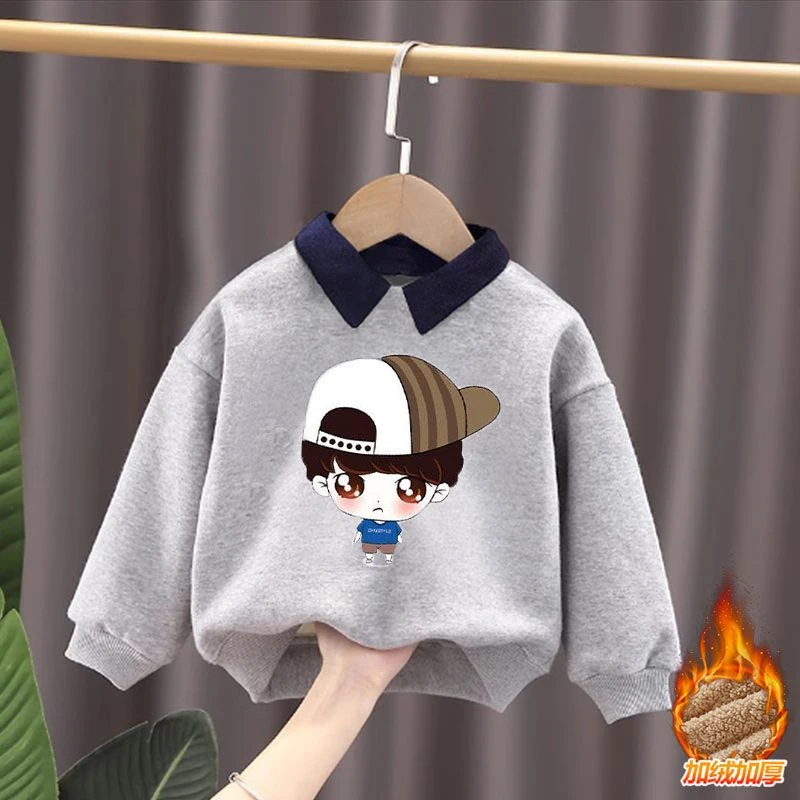 儿童POLO加绒加厚卫衣休闲男童冬季帅气翻领卡通印花长袖外穿潮流