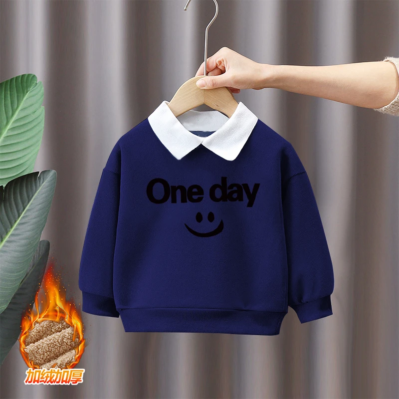 秋冬季男童POLO加绒卫衣中大童帅气保暖翻领长袖男孩潮流加厚衣服